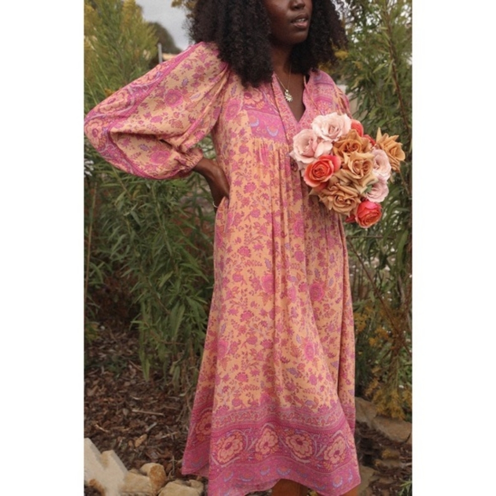 SPELL Folk Song Boho Midi DRESS in Blossom Lined BNWT FSOT Pink Peachy Floral - Picture 9 of 14